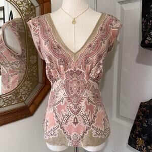 Y2K The Limited Silk Pink & Tan Boho Paisley 100% Silk Fairycore V Neck Top M